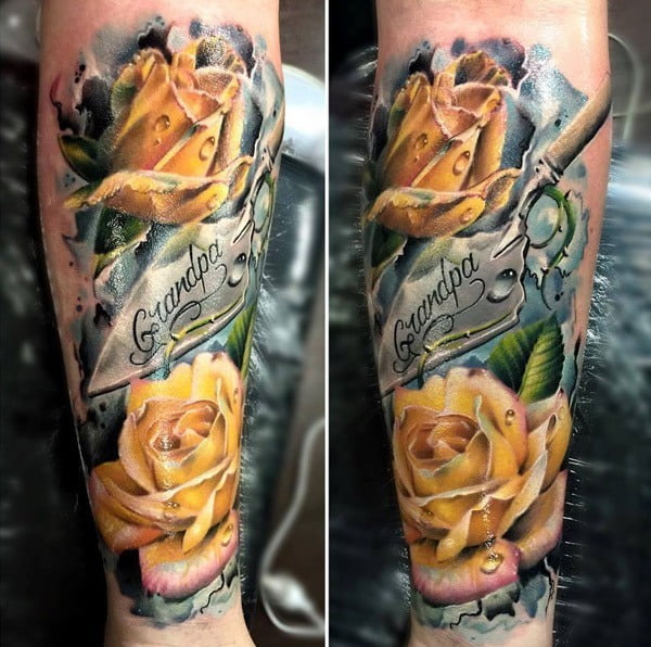 Back arm rose tattoo tribute to grandpa
