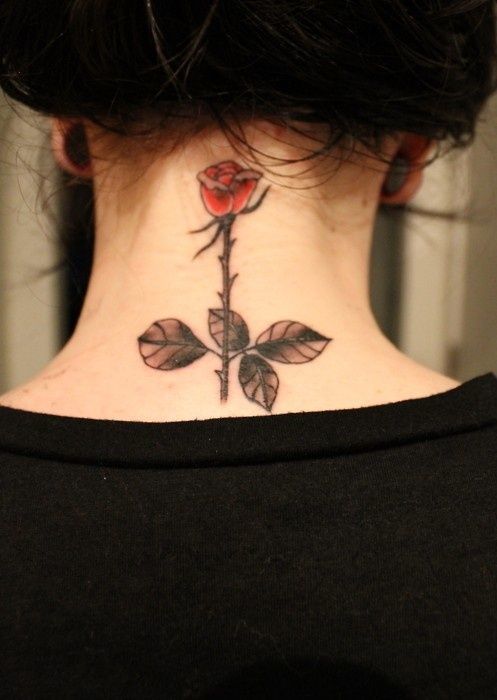 Red Long Stem Rose Neck Tattoo