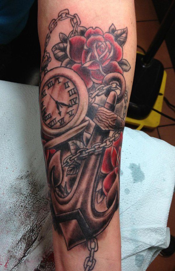 Watch and Anchor Sleeve Tattoo
