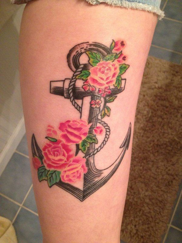 Pink Roses Best Anchor Tattoo Designs