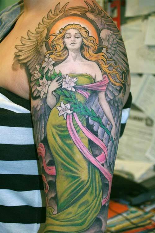Incredible Full Color Angel Tattoo Designs on Sleeve