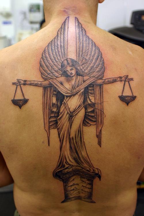 Impressive Arch Guardian Angel Tattoos Placed on The Back For Men