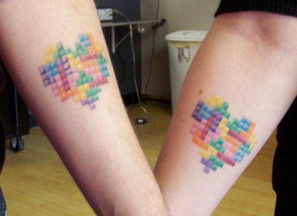 Colorful Pixel Heart Couple Tattoo