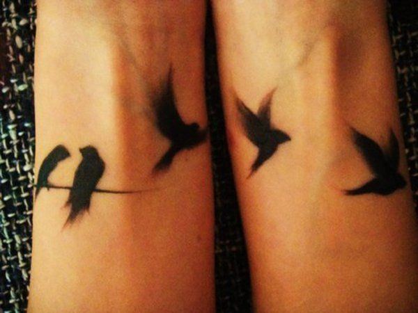 Wispy Birds on Branch Inner Arm Matching Couple Tattoos