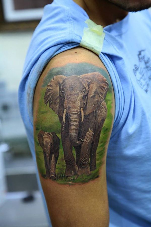 Realistic Elephant Tattoos on Upper Arm