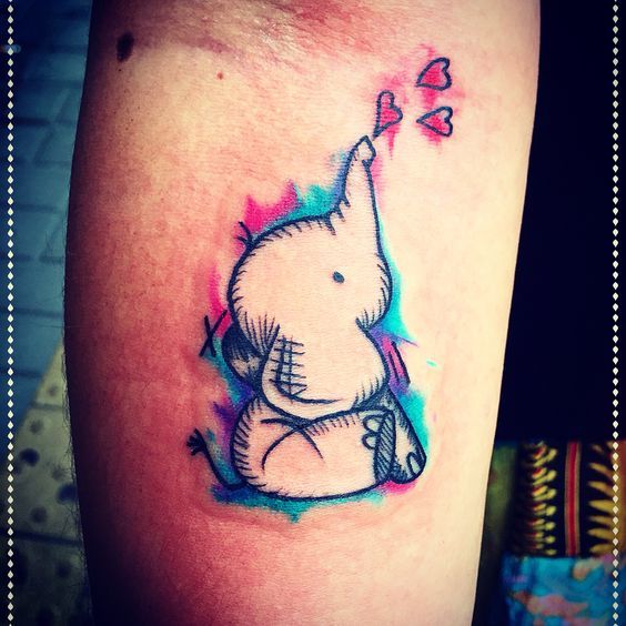 Baby Watercolor Elephant Tattoo with Hearts Tattoo