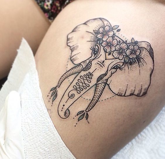Elephant Thigh Tattoo with Flowers
