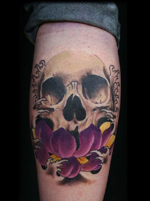 Japanese inspired sugar skull tattoo on leg