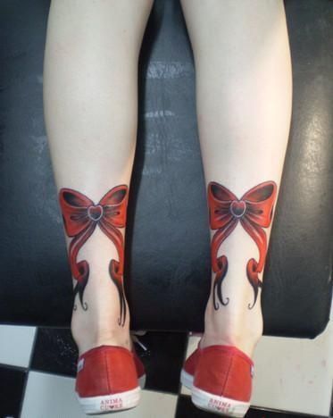 Amazing Pink Bow Tattoos On Back Legs