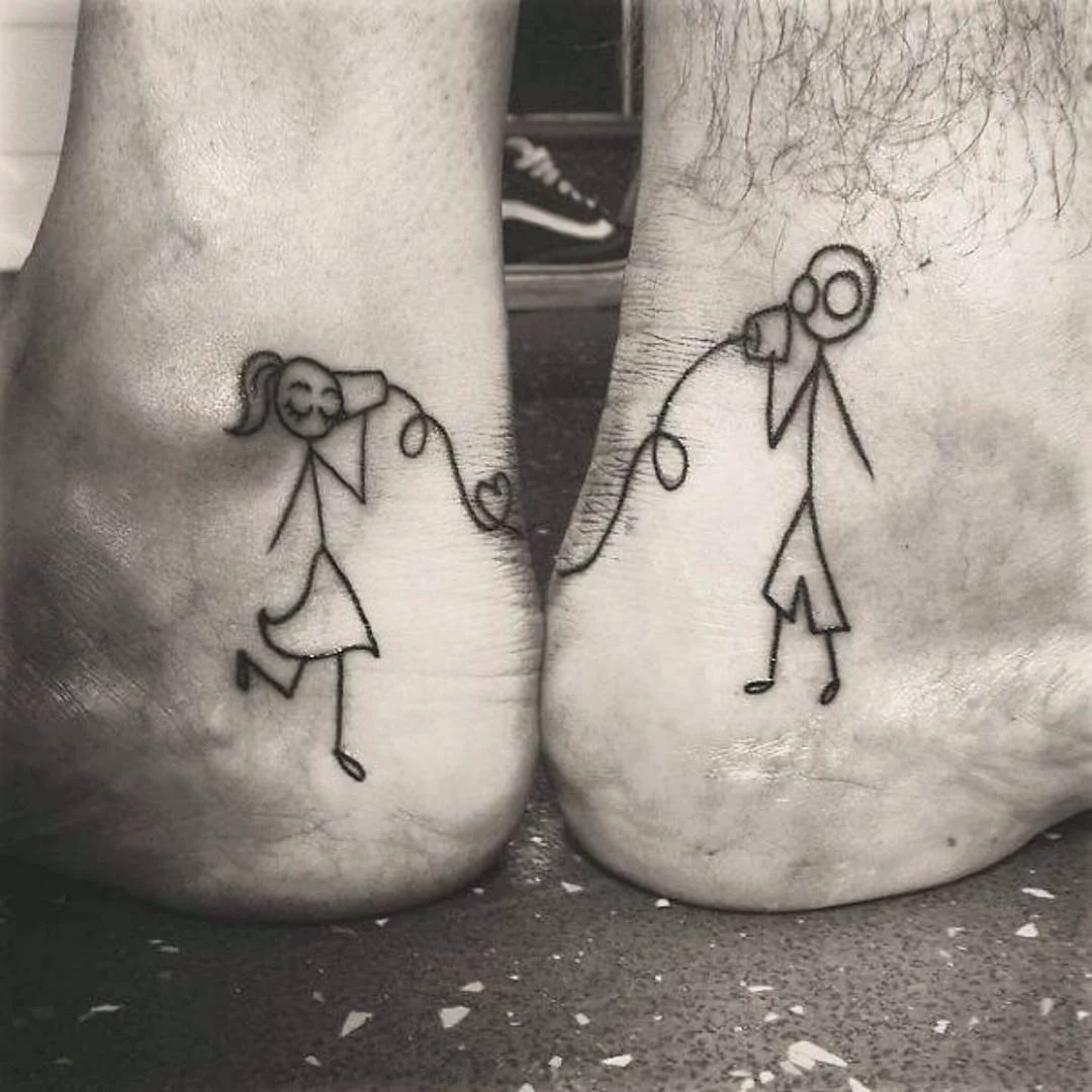Stick People with String Phone Funny Couple Tattoos