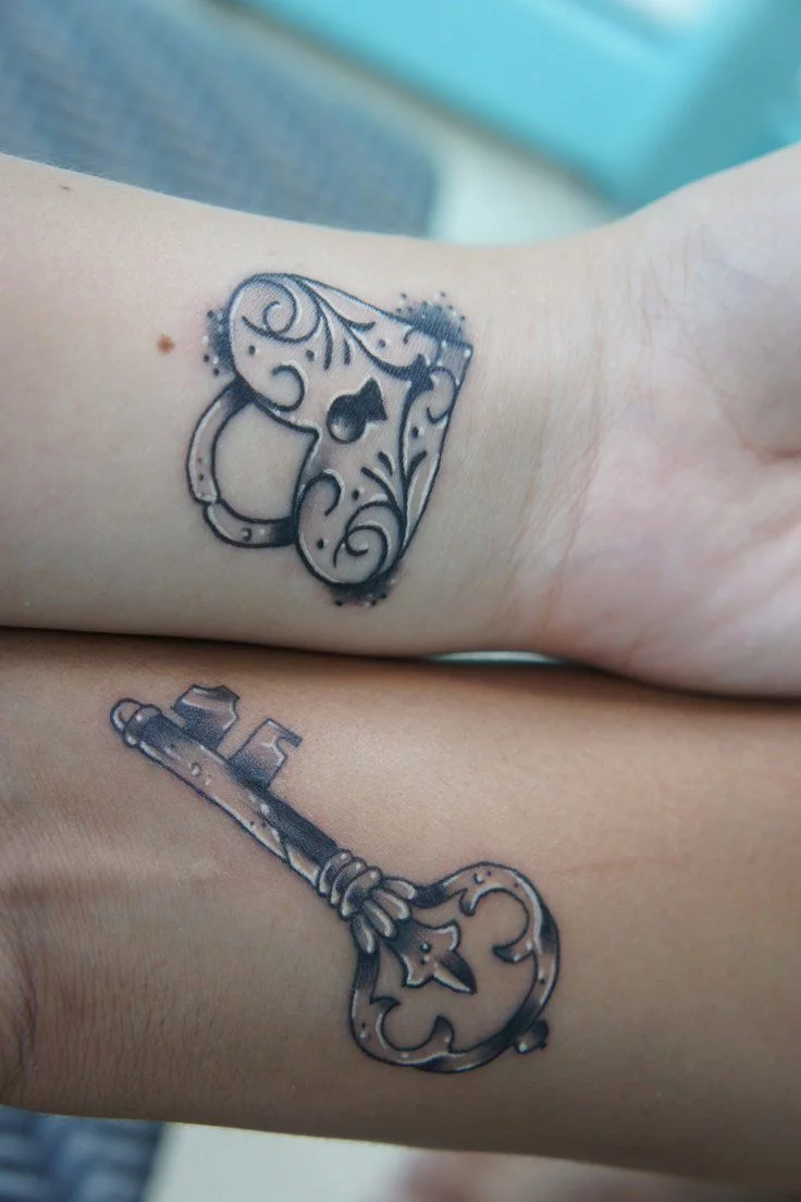 Heart Lock and Key Tattoos on Inner Wrists