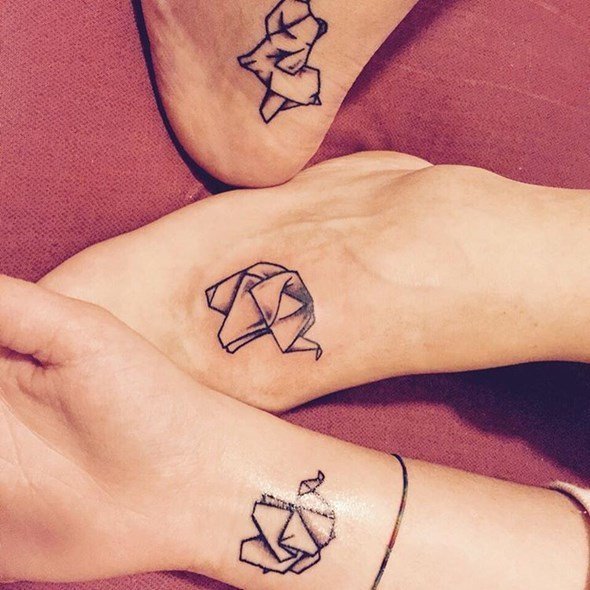 Elephant Family Tattoo on the Leg and Hand