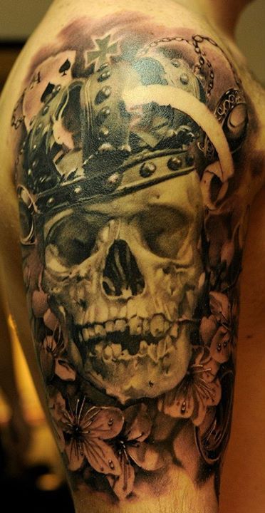 Dark skull tattoo on a guy’s upper arm