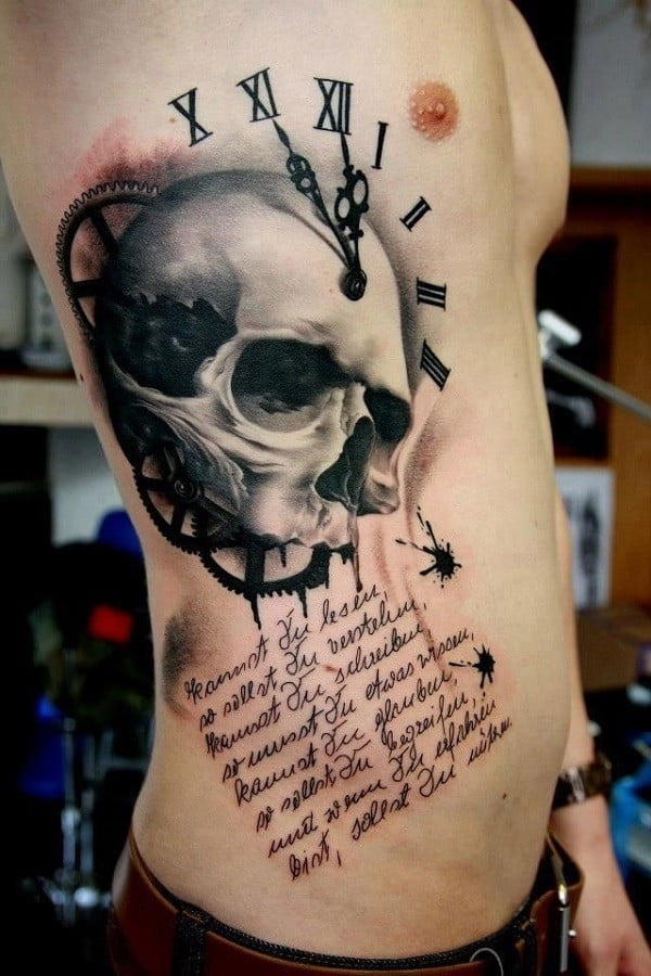 Steampunk poetic skull tattoo on the whole side of the chest