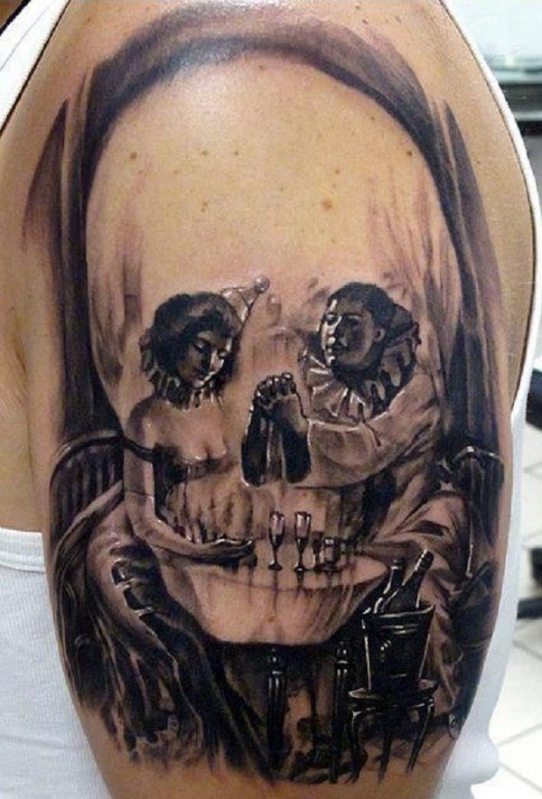 Illusion skull tattoo with clowns drinking champagne