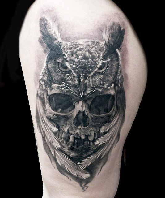 Owl and human skull tattoos