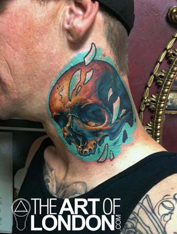 Blue Sets This Skull Apart on the Neck Tattoo