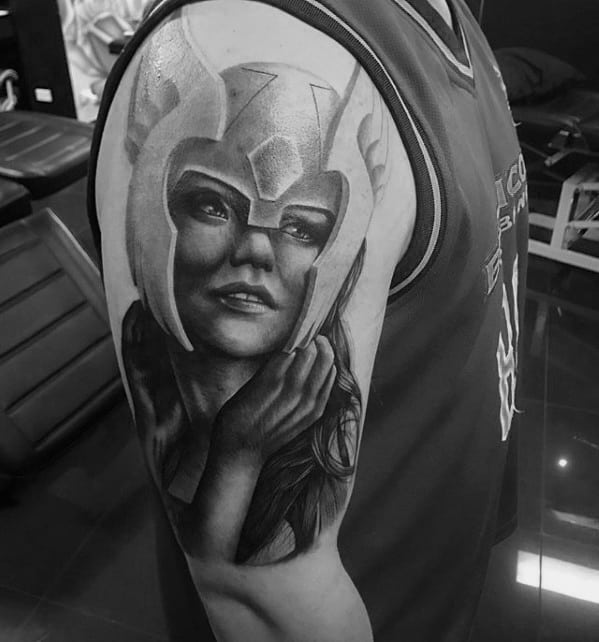 Black and White Warrior Woman Goddess Shoulder Tattoo