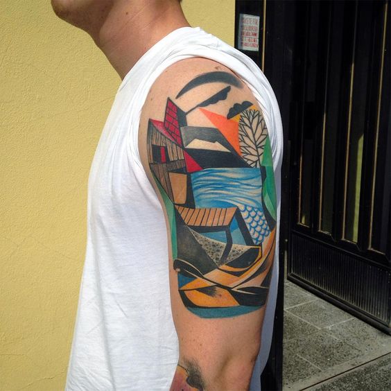 Brightly Colored Geometric Scene Shoulder Tattoo