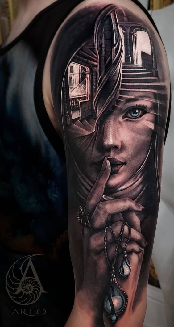 Secretive Half Robotic Woman Shoulder Tattoo