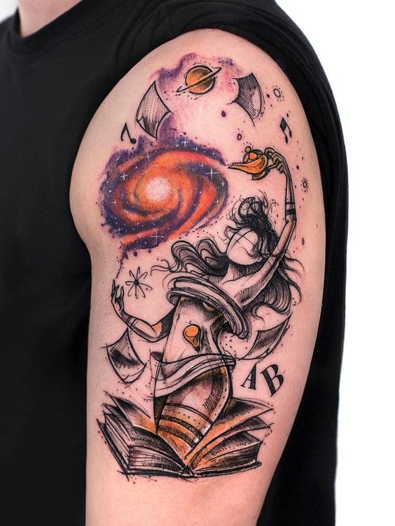 Woman Galaxy Planetary Conjurer Shoulder Tattoo Ideas