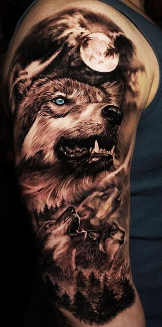Night Wolf Moon Scene Shoulder Tattoo Ideas
