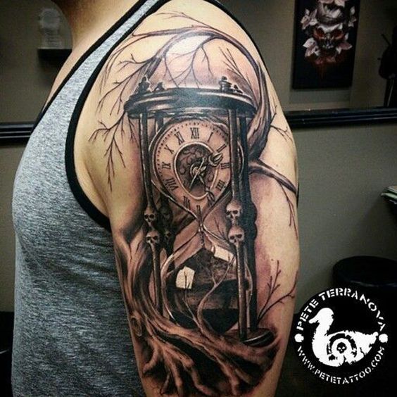 Spooky Dark Clock Hourglass Shoulder Tattoos