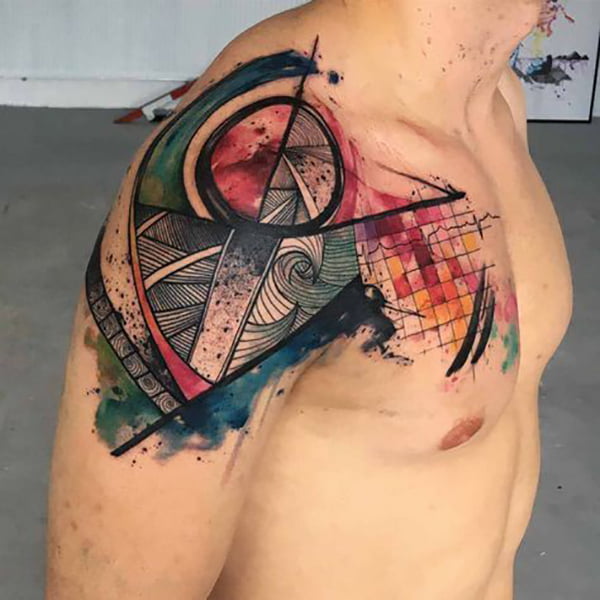 Bright Geometric Watercolor Ocean Shoulder Tattoos