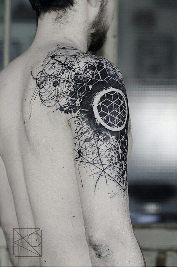 Black and White Geometric Honeycomb Pattern Shoulder Tattoos