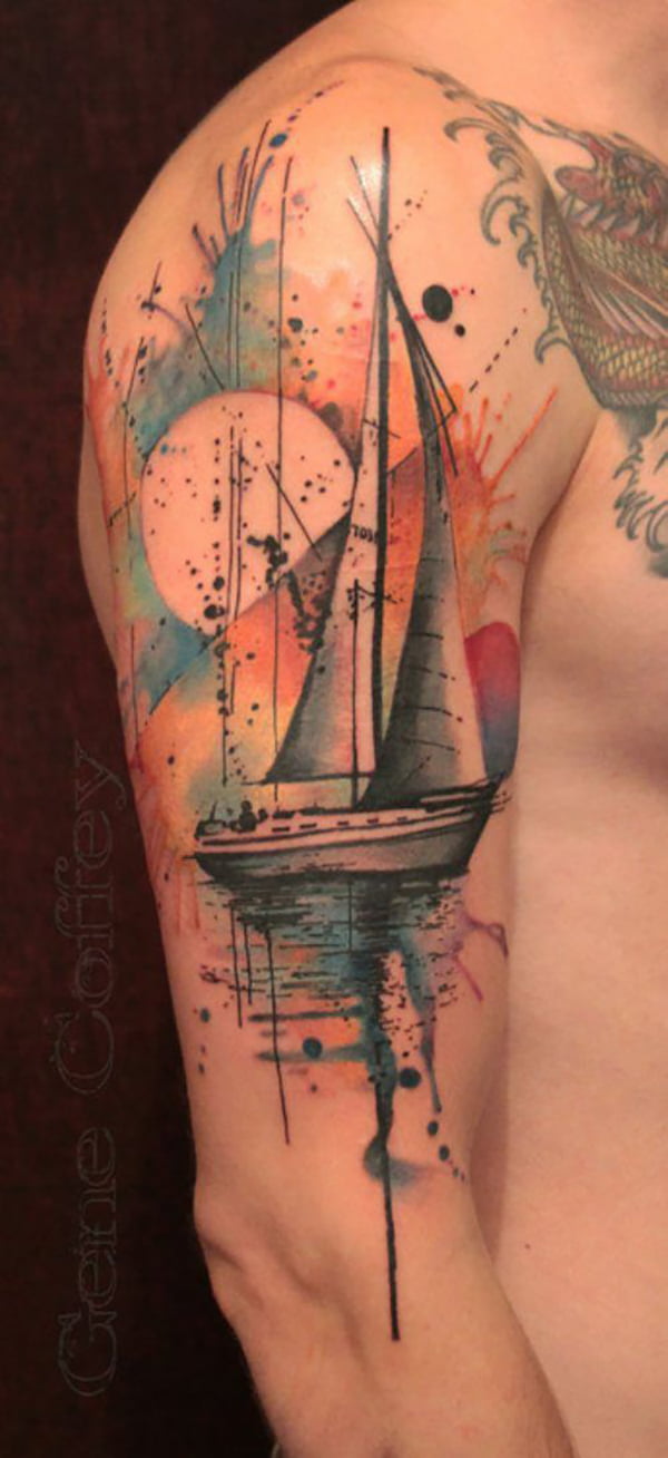 Watercolor Sailboat Scene Ocean Shoulder Tattoos