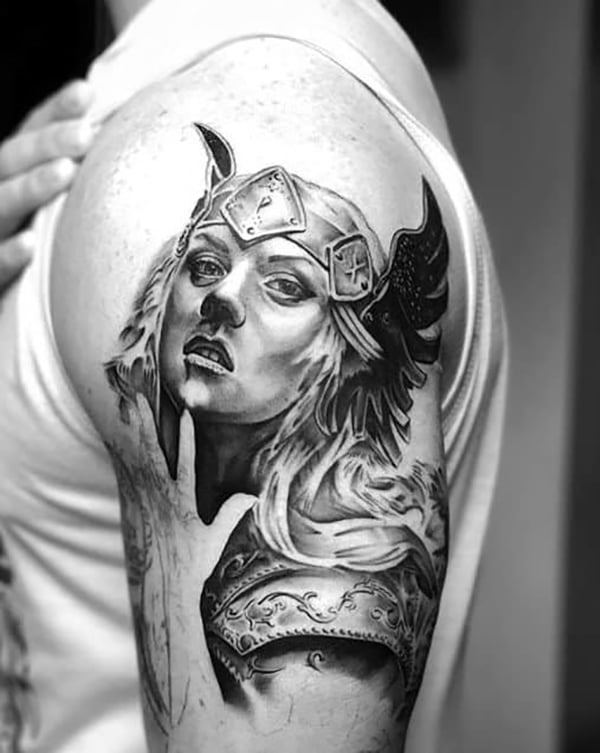 Black and White Roman Girl Warrior Shoulder Tattoos
