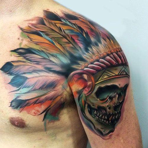 Watercolor Headdress Wearing Skull Shoulder Tattoos