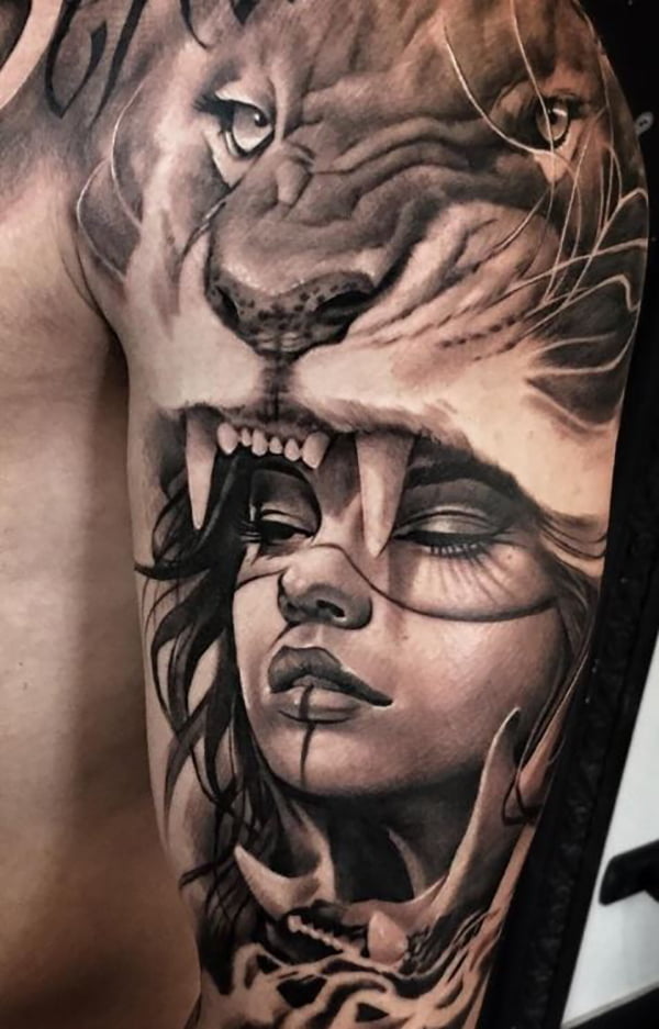 Woman Warrior Blended Lion Shoulder Tattoos
