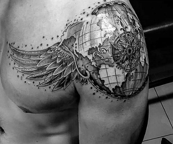 Winged World Map Explorer Shoulder Tattoos