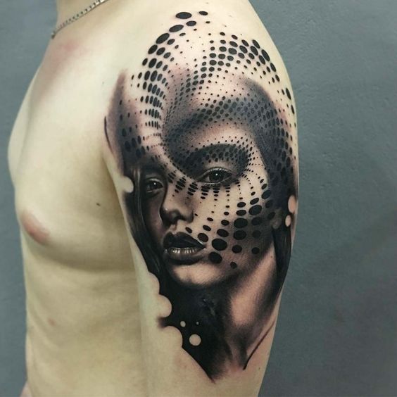 Pop Art Style Woman Face Shoulder Tattoos