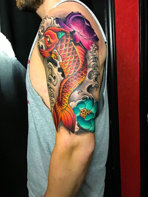 Colorful Majestic Koi Swimming Shoulder Tattoos