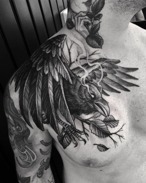 Spooky Smoky Raven Landing Shoulder Tattoos