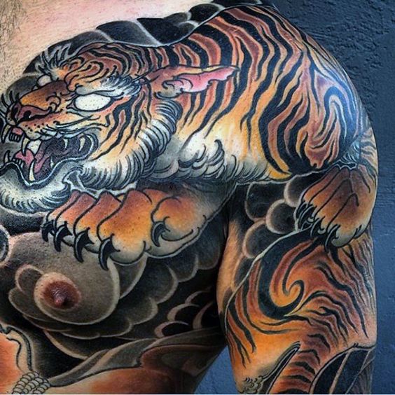 Crouching Growling Bengal Tiger Shoulder Tattoos