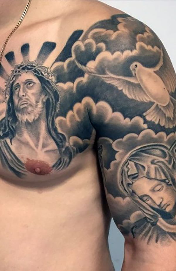 Cloudy Inspiring Heavenly Religious Shoulder Tattoo