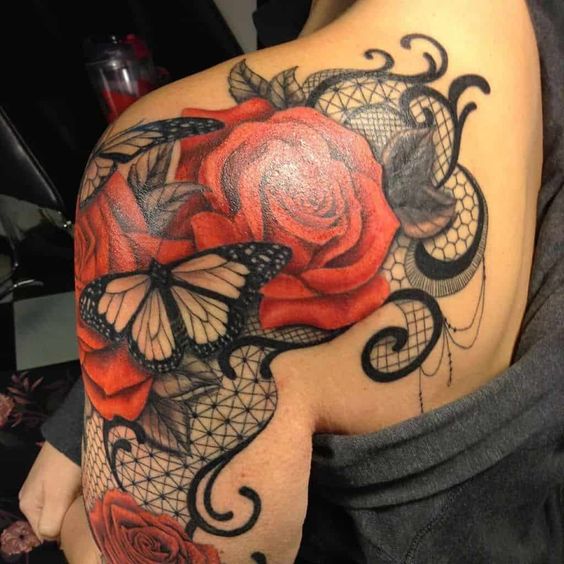 Butterfly and Red Rose Tattoo on the Shoulder Blade