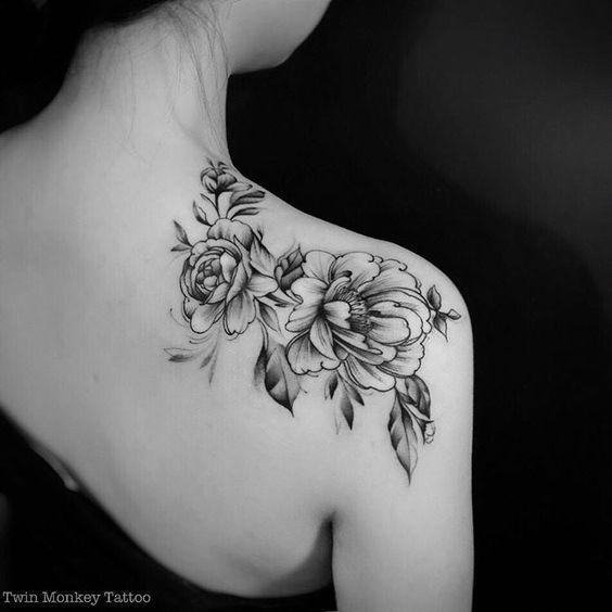 Delicate Peonies Black and White Tattoo on Shoulder Blade