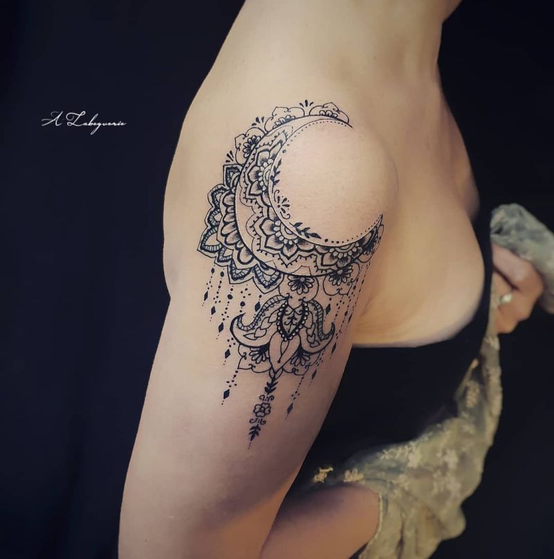 Crescent Moon Floral Dripping Shoulder Tattoos