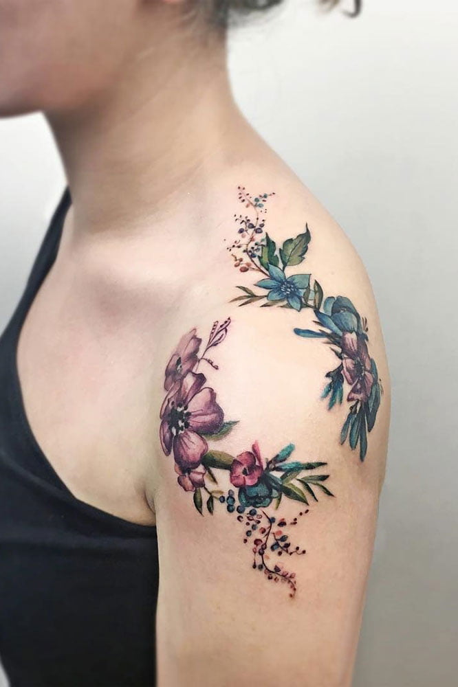 Soft Floral Berry Stem Shoulder Tattoos