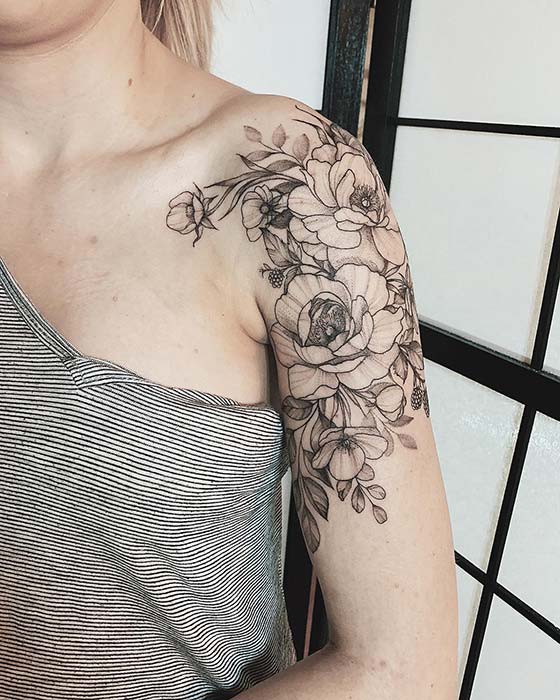 Peonies and Ferns Mixture Sleeve Tattoo