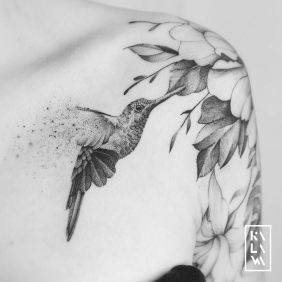 Hummingbird in Flight Feeding Shoulder Tattoo