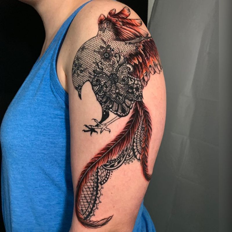Lacey Red Accented Phoenix Shoulder Tattoo