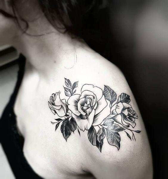 Minimalist Light Lined Rose Shoulder Tattoo