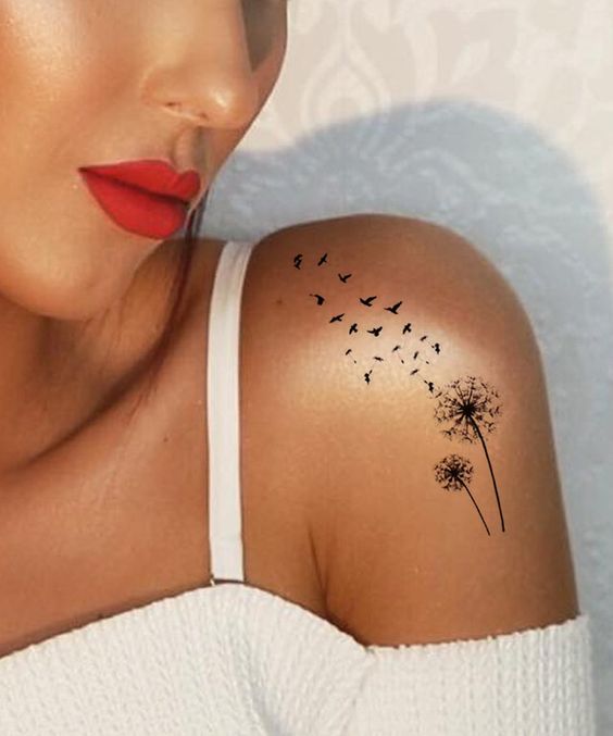 Small Dandelion with Birds Small Shoulder Tattoo
