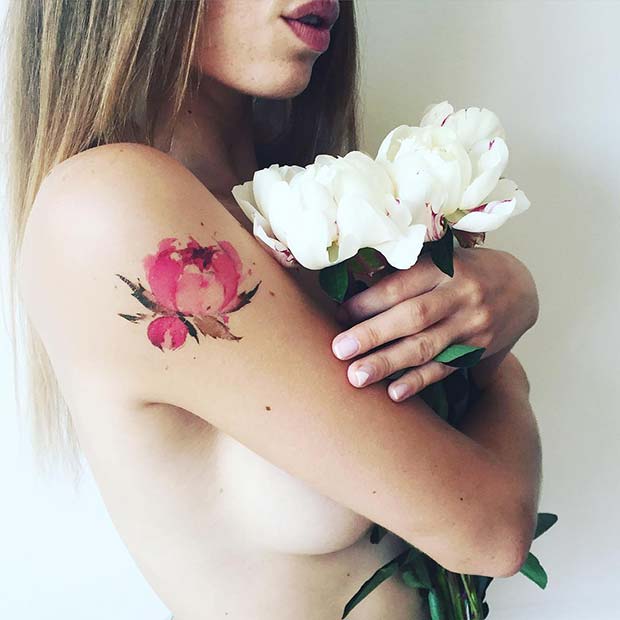 Pink Watercolor Peony Flower Small Shoulder Tattoos