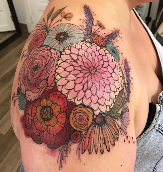 Soft Watercolor Bushel of Flowers Shoulder Tattoos